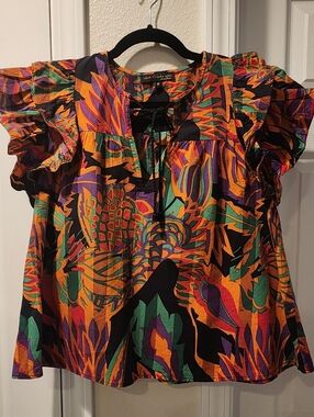 House of Harlow 1960 Multicolor Orange Green Purple Ruffle Sleeve Top